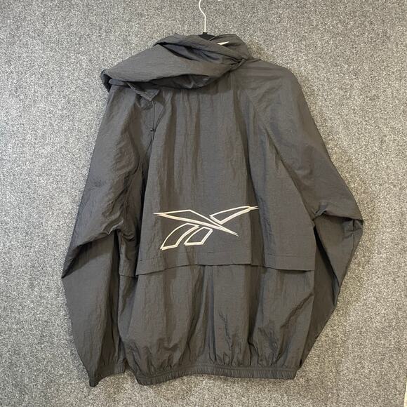 Vintage Reebok Windbreaker Jacket M Black Nylon Zip Up Logo Spell Out 90s Y2K - Picture 2 of 9